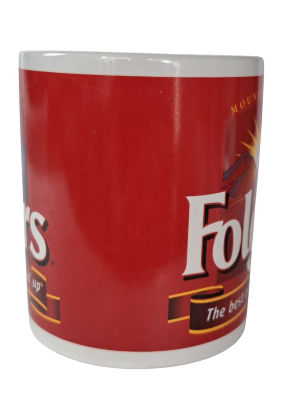 Vintage Folgers Coffee Mug Houston Harvest Mountain Grown Sun Over Mountains Red - Picture 7 of 11